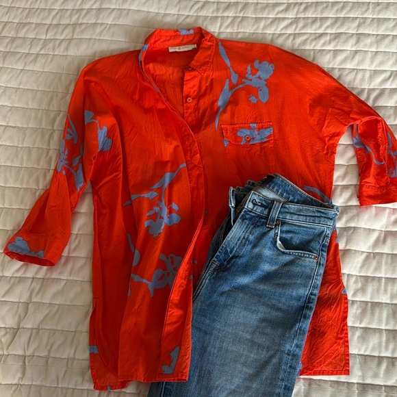 Tory Burch, size small, orange and blue floral button down - Picture 1 of 4